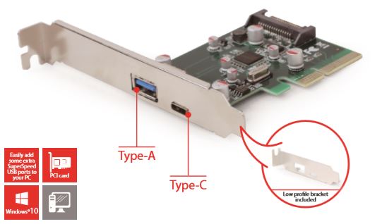 Carte PCI Express 2 ports USB 3.1 type A + Type C