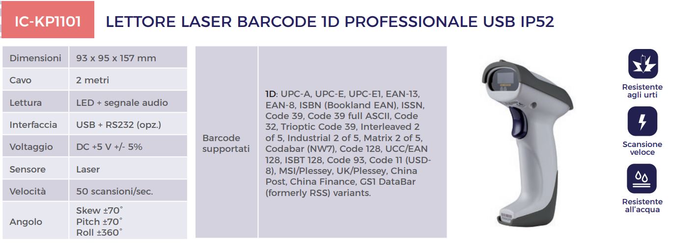 Douchette code barre 1D Professionnel - 50 scans/s - IP52 - USB