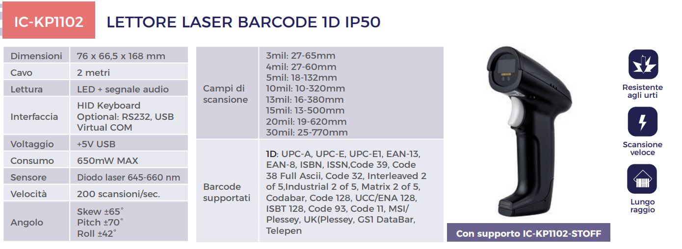 Douchette code barre 1D Professionnel - 50 scans/s - IP50 - USB