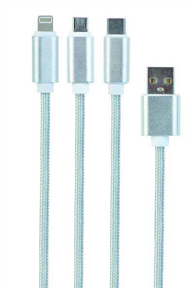 Cordon USB 2.0 A / M vers USB Type C, Micro USB, Lightning - Silver - 3 en 1 -1m