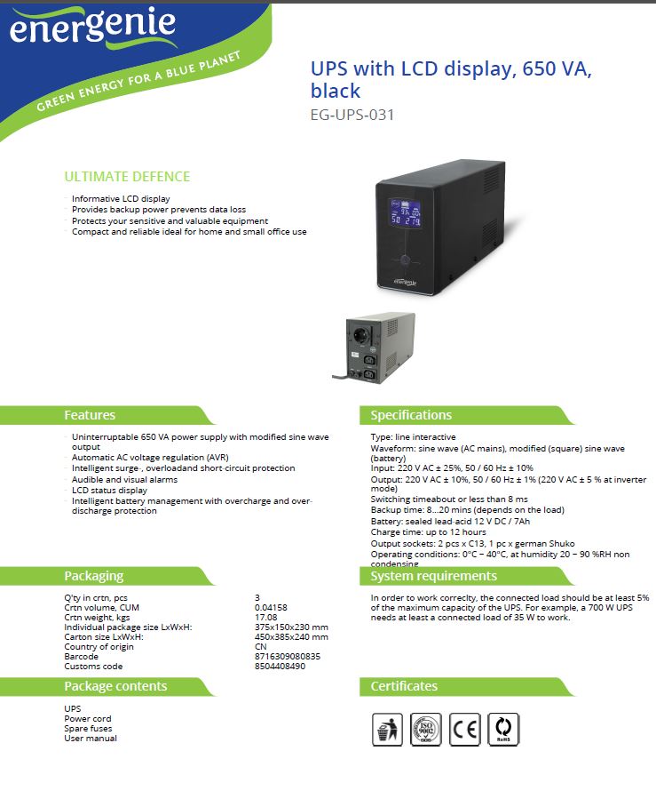 Onduleur Line interactive UPS avec écran LCD 650 VA / 390 W