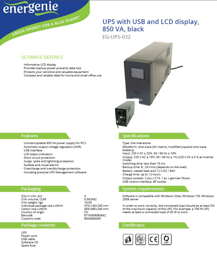 Onduleur Line interactive UPS avec écran LCD 850 VA / 510 W