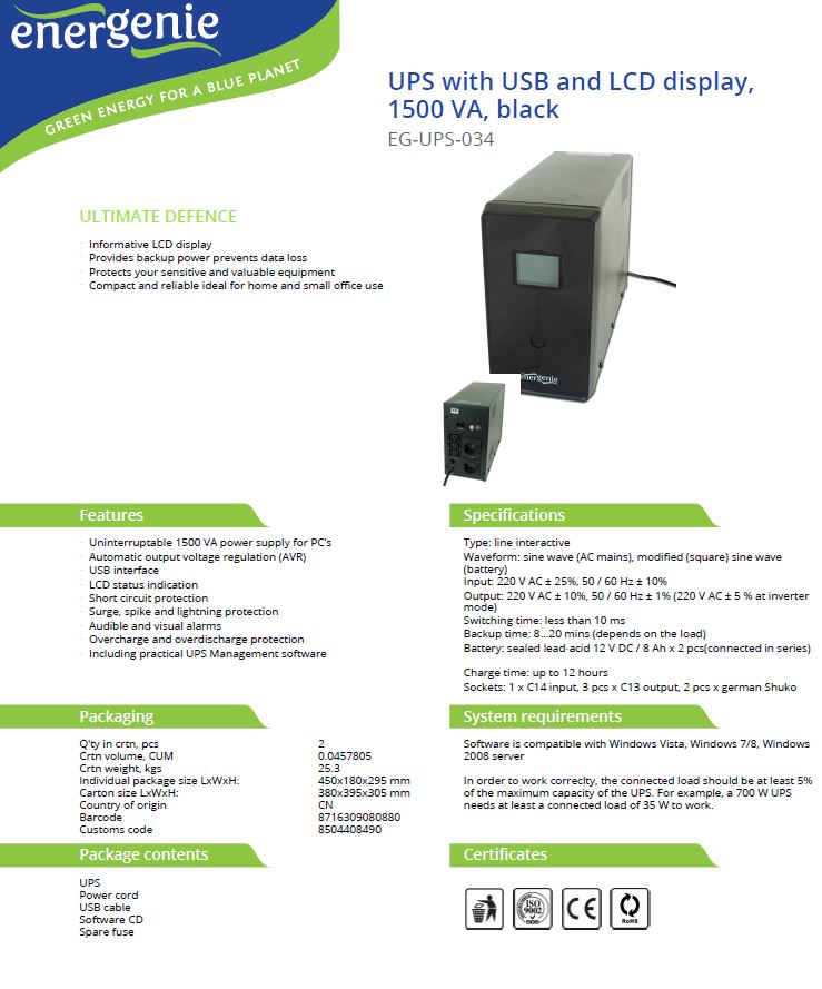 Onduleur Line interactive UPS avec écran LCD 1500 VA / 900 W