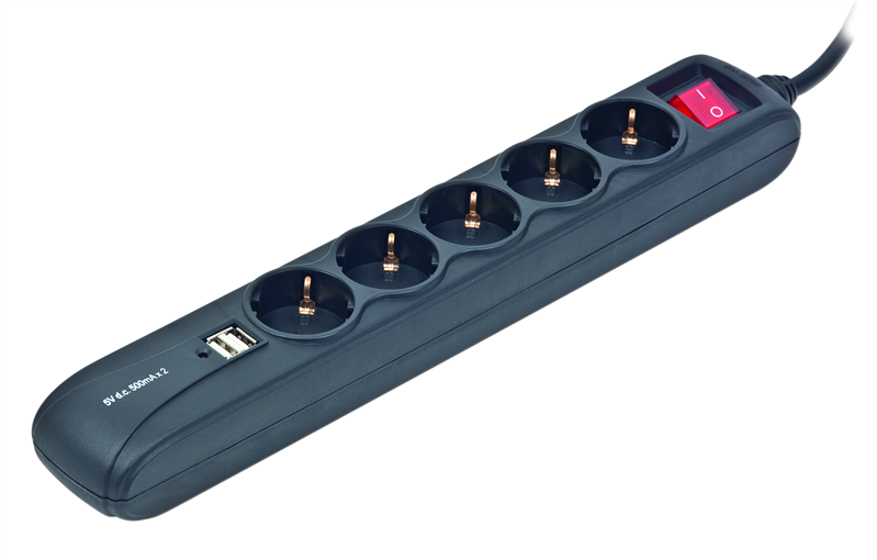 Multiprise 5 prises Schuko noir - 1.50 m - 2 ports USB 2A