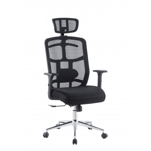 Chaise de bureau avec dossier haut - Appui tête et base en chrome noir