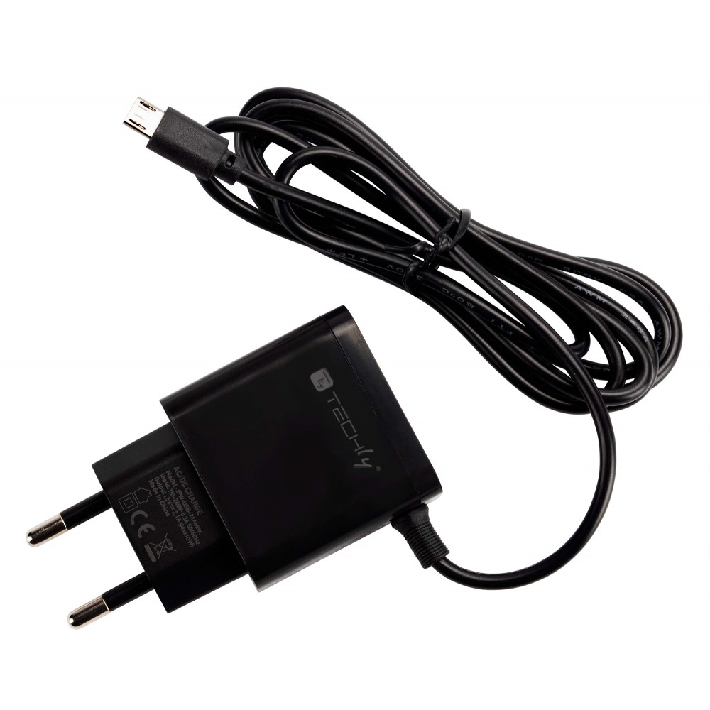 Chargeur secteur avec cordon Micro USB 2.0 - L. 1.20 m - 2.1 A - Noir